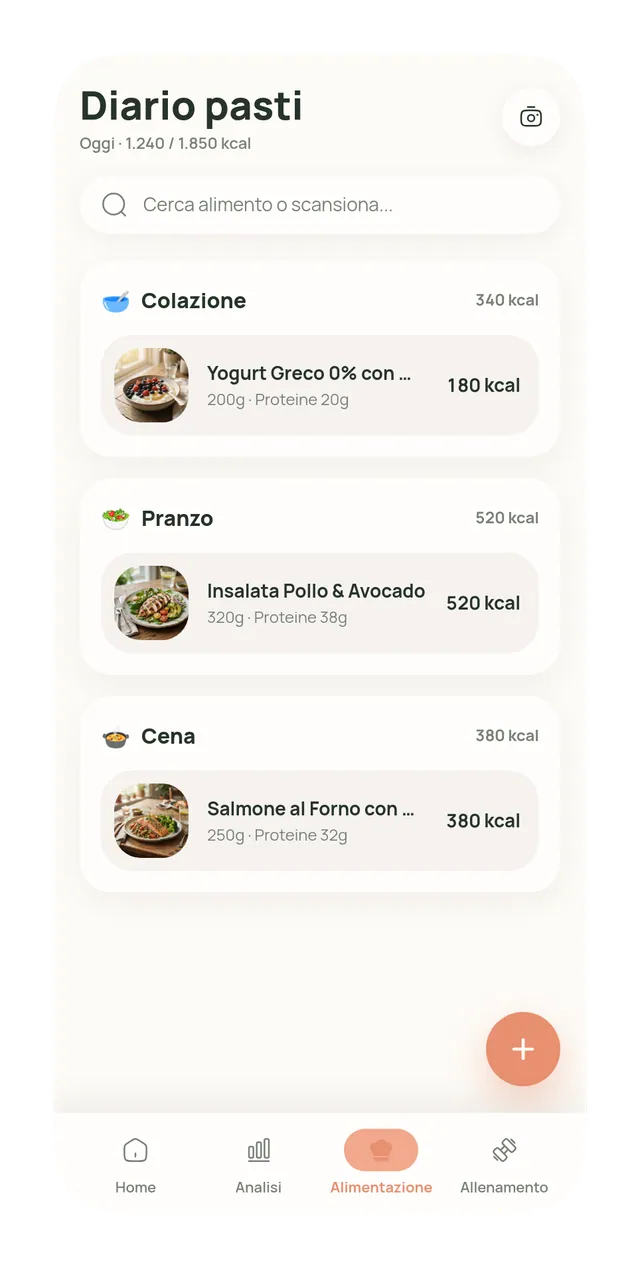 Schermata del diario pasti di NutriFit con colazione, pranzo e cena e le calorie di ogni pasto