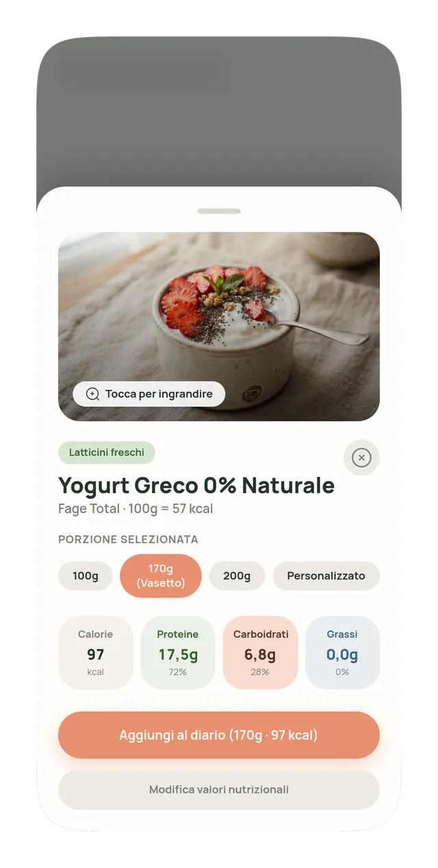 Schermata della scheda prodotto con la porzione selezionata e i valori nutrizionali calcolati